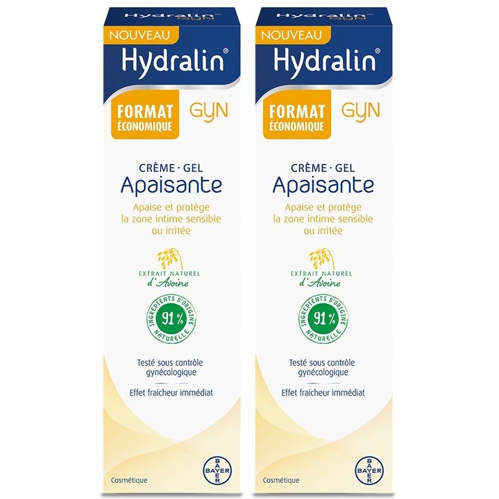 Twee tubes Hydralin Crème-Gel Apaisante. Witte verpakking met blauwe en gele tekst. Tekst: "Apaisante", "91% naturelle".