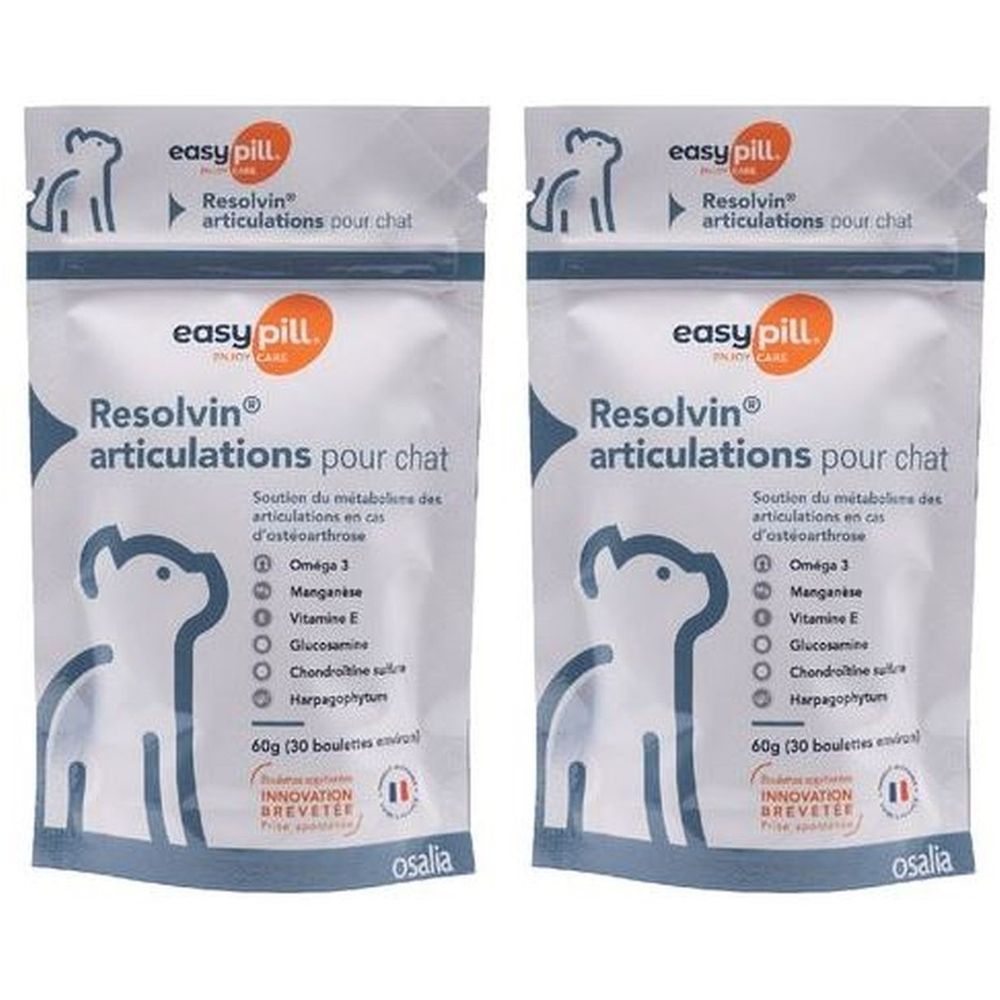 Deux sachets de Resolvin articulations pour chat. Marque easy pill. Contient Oméga 3, Manganèse, Vitamine E, Glucosamine. 40g.