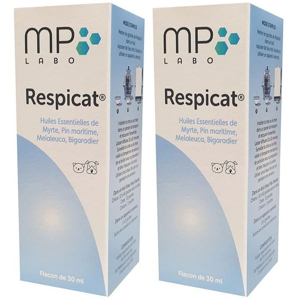 Deux boîtes de MP Labo Respicat®. Inscription : Huiles Essentielles de Myrte, Pin maritime, Melaleuca, Bigaradier. Flacon de 30 ml.