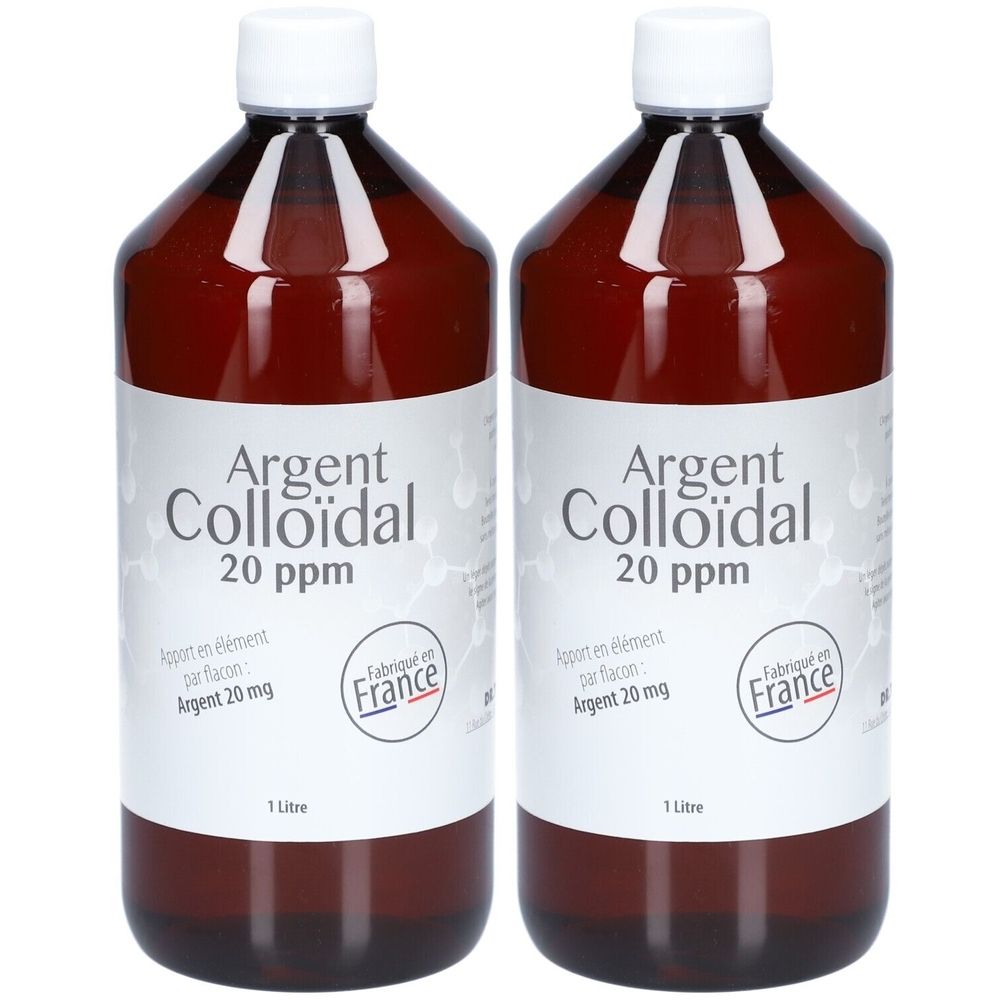 Twee bruine flessen met wit etiket. Opschrift: Argent Colloïdal 20 ppm. Gemaakt in Frankrijk. 1 liter.
