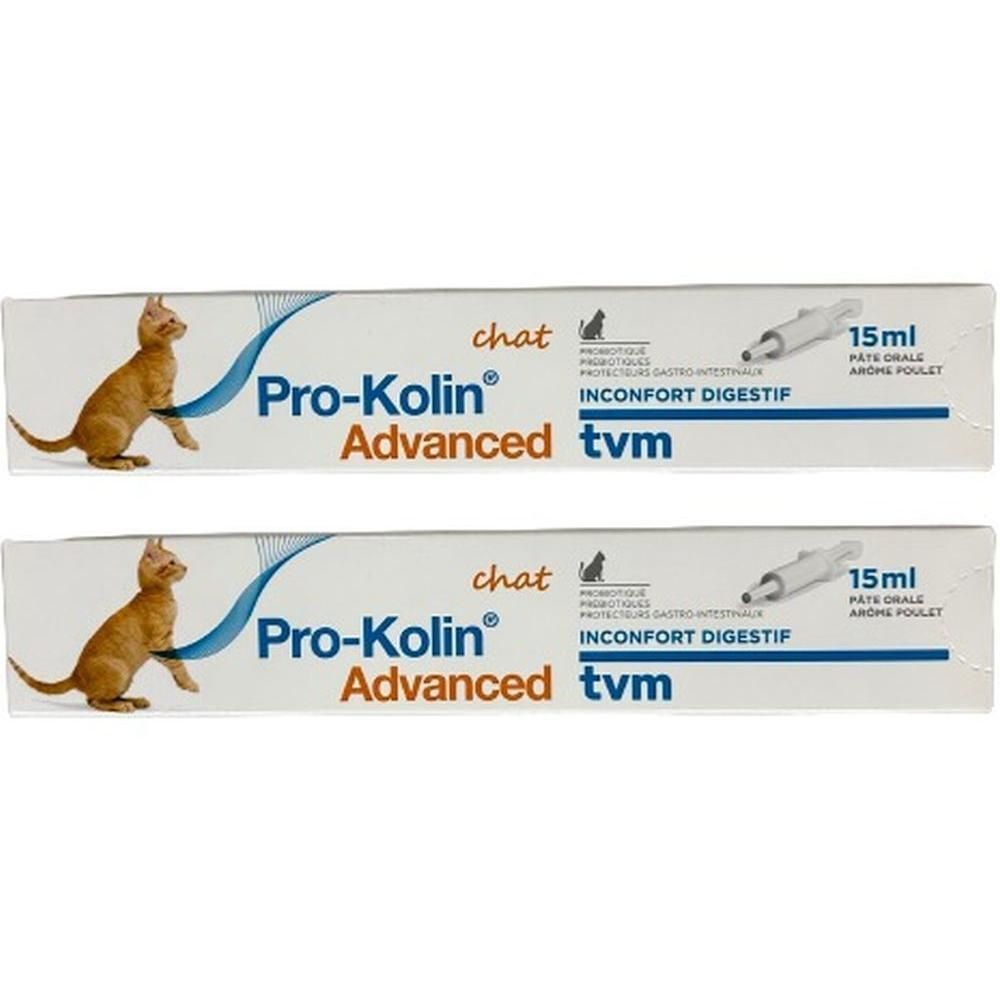 Twee verpakkingen Pro-Kolin Advanced Kat. Witte dozen met productnaam, kattenillustratie en doseerspuit.