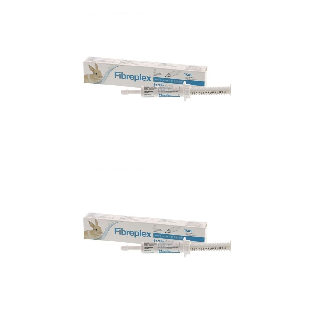 Doos en spuit. Op de doos staat een konijn afgebeeld, daarnaast staat "Fibreplex". De spuit is voorzien van een schaalverdeling.