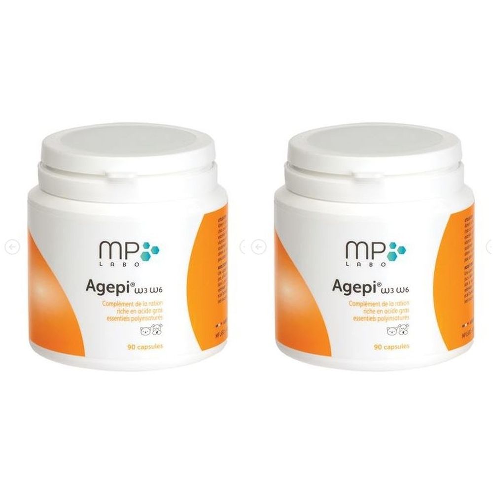 Twee witte potten met deksels. Opschrift MP Labo Agepii ω3 ω6. Oranje accenten. 90 capsules.
