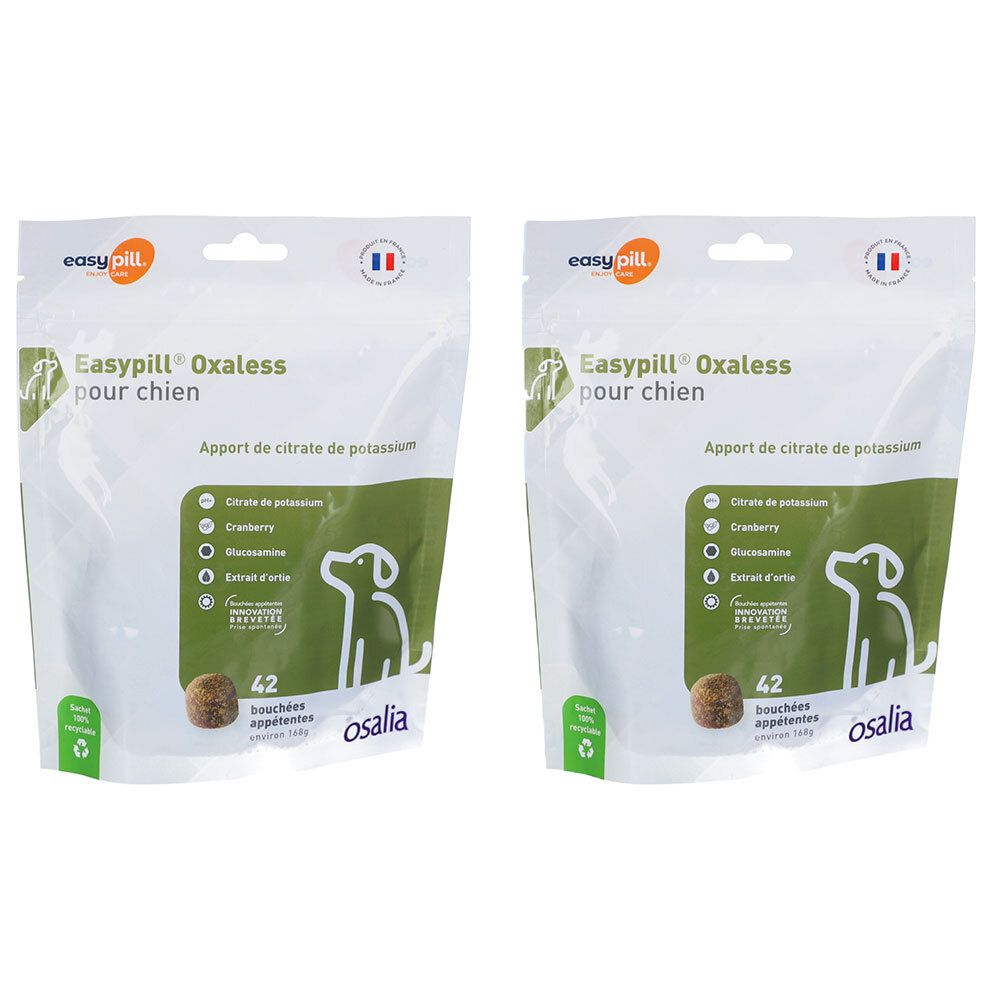 Deux emballages de Osalia Easypill® Oxaless pour Chien. Sachets blancs avec nom du produit, ingrédients et dosage. Drapeau français.