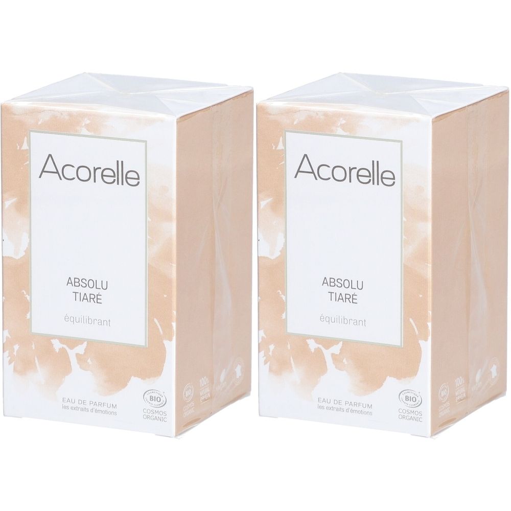 Deux boîtes carrées. Sur le devant, "Acorelle Absolu Tiaré". Certification bio. Beige et blanc.