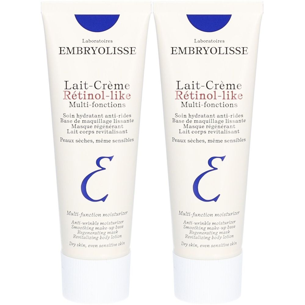 Twee tubes EMBRYOLISSE Lait-Crème Rétinol-like. Witte tubes met blauwe tekst en logo. Multi-fonctions, anti-rimpel moisturizer.