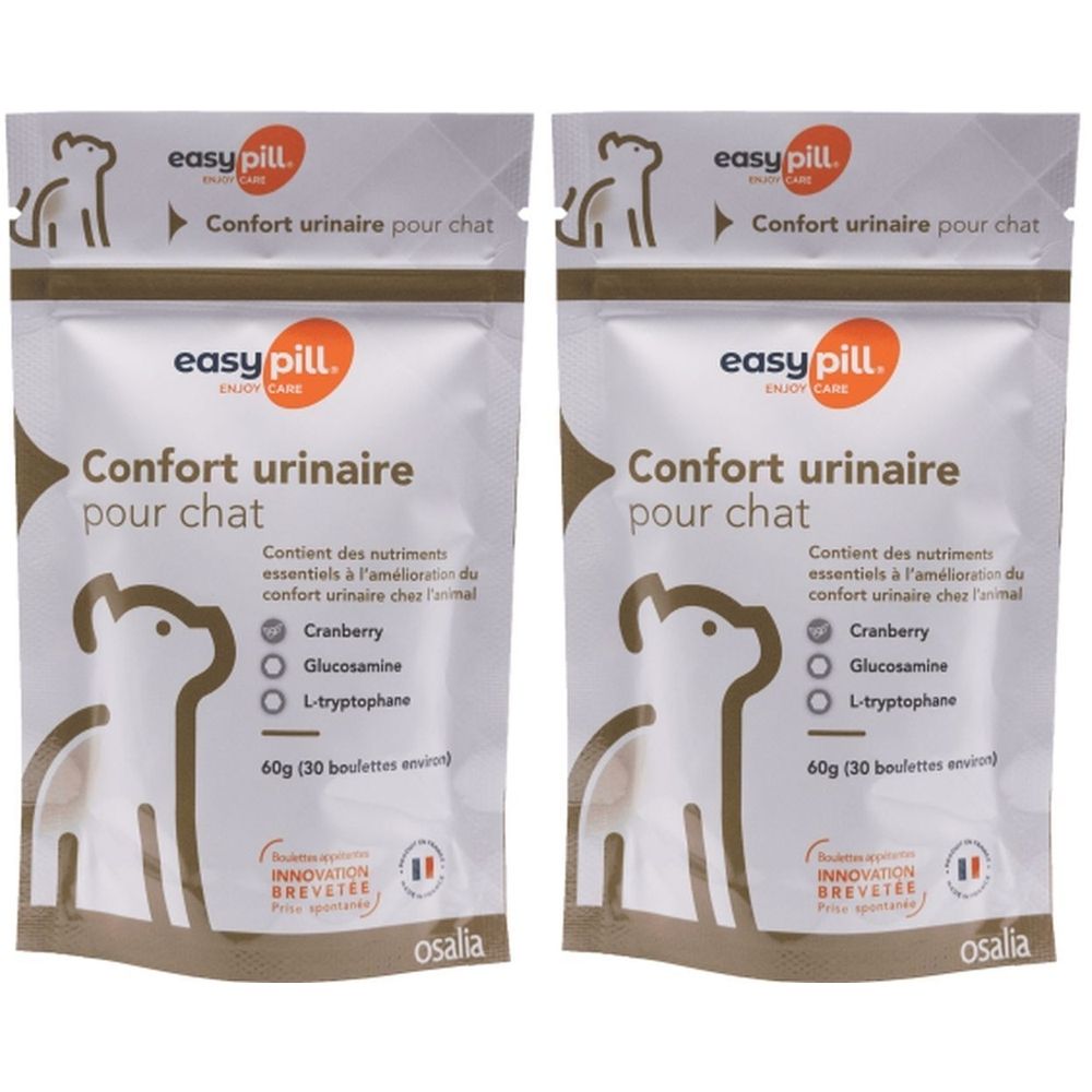 Twee zakjes product voor katten. Opschrift: easy pill, Confort urinaire pour chat. Bevat Cranberry, Glucosamine, L-tryptofaan.