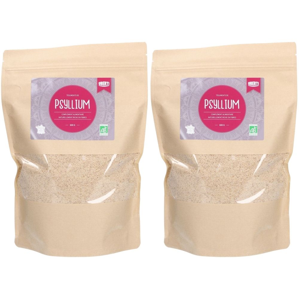 Twee zakken psyllium. Bedrukking met productnaam en bio-label. Transparant gedeelte om het product te zien.
