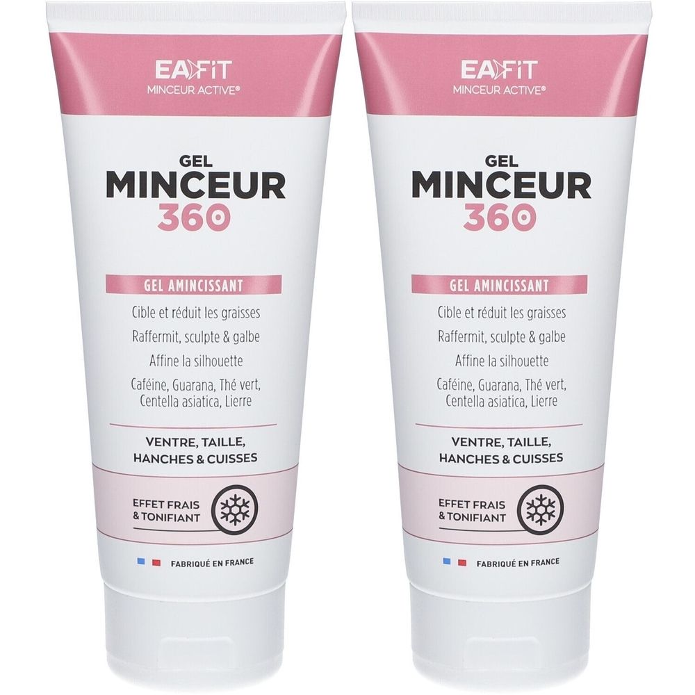 Twee tubes gel. Opschrift: EA Fit, Gel Minceur 360. Roze en witte verpakking. Tekst in het Frans.