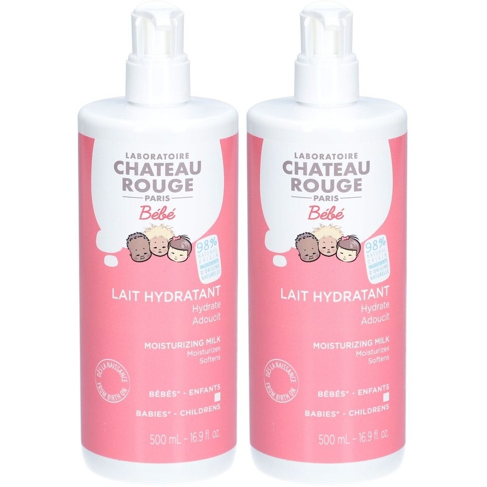 Deux flacons de lait hydratant pour bébé. Flacons roses avec pompe blanche. Inscription : Laboratoire Château Rouge, Bébé, Lait Hydratant.