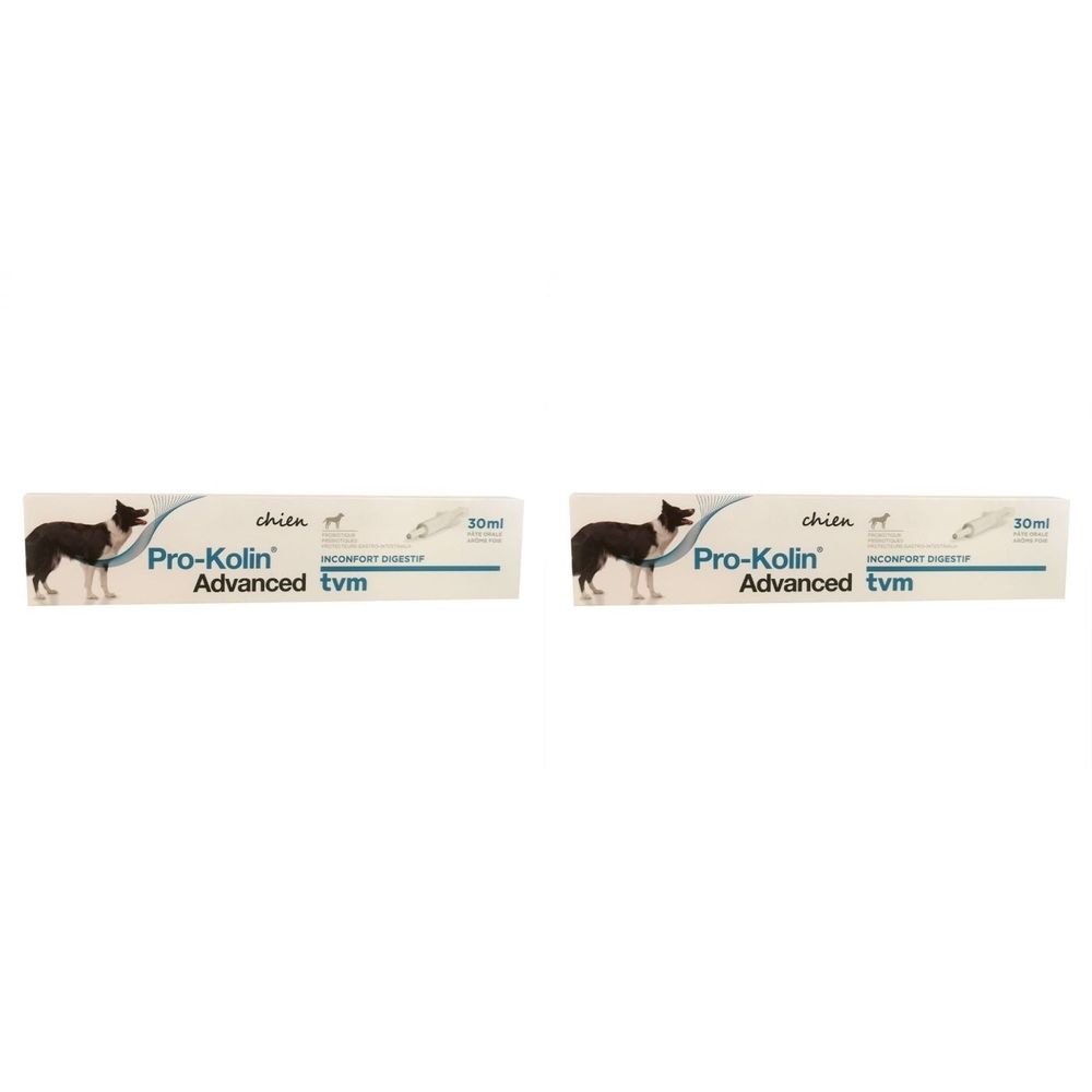 Deux boîtes de Pro-Kolin Advanced Chien. Boîtes blanches avec nom du produit, image de chien et indication 50ml.