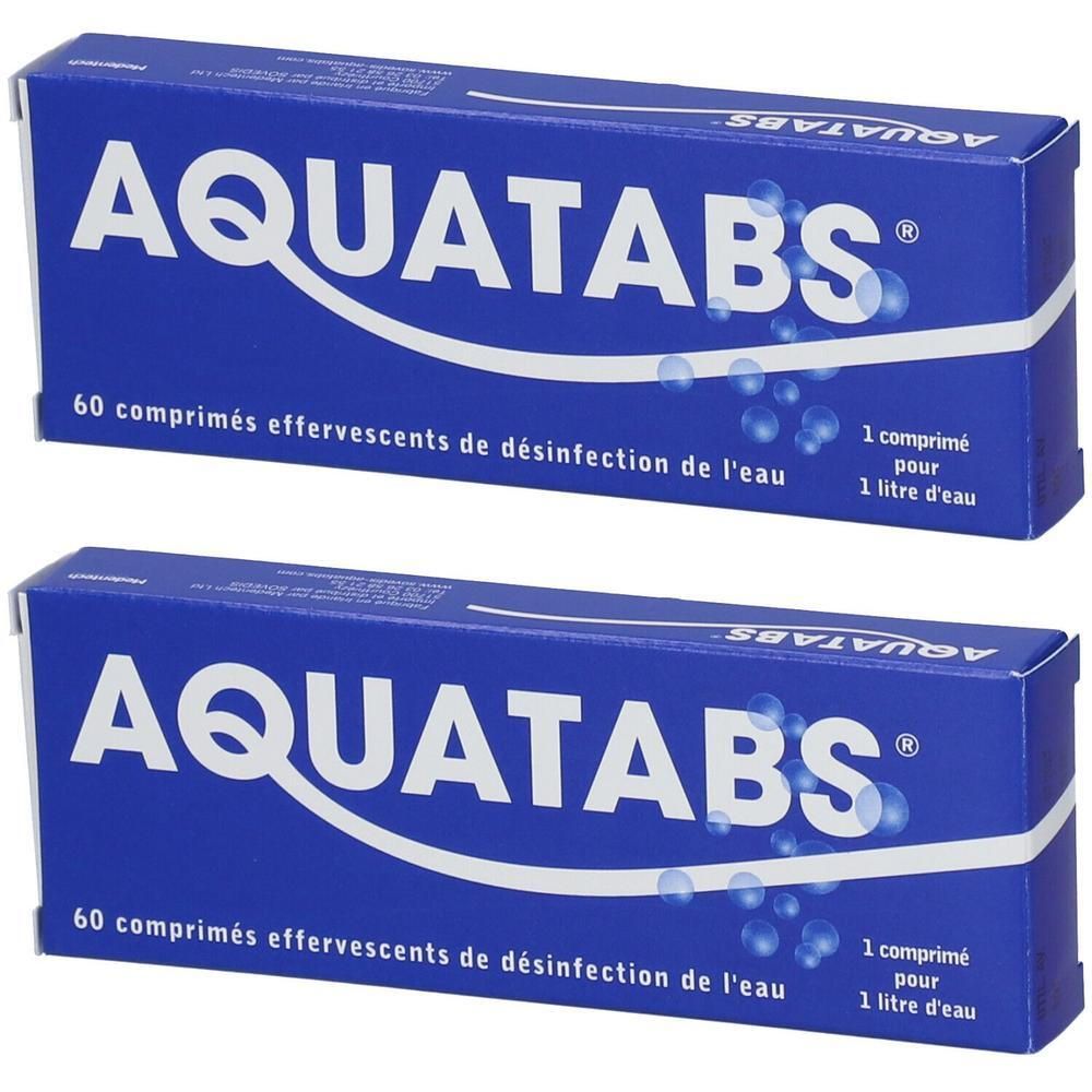 Twee pakken Aquatabs, bruistabletten voor waterdesinfectie.