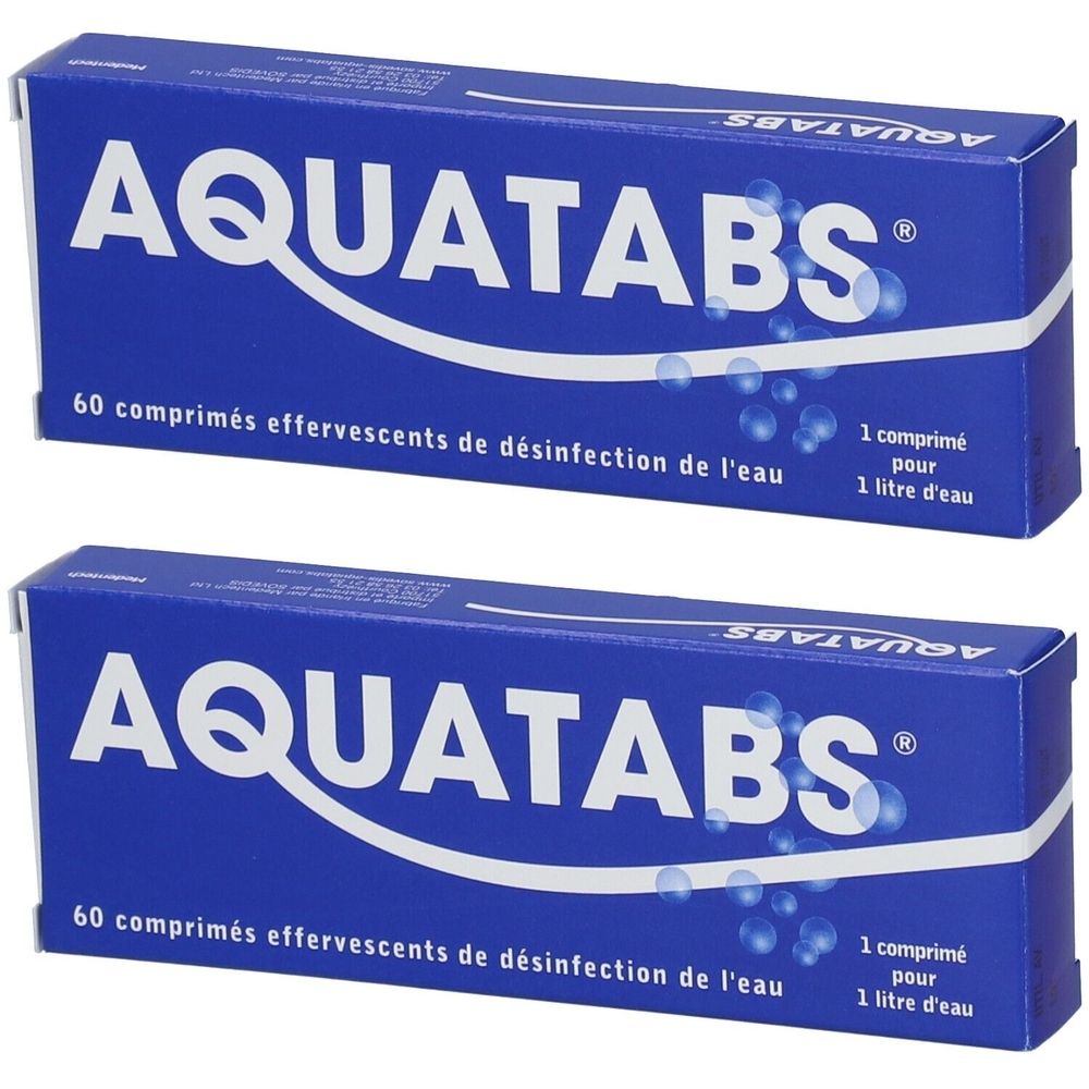 Deux boîtes d'Aquatabs, comprimés effervescents pour la désinfection de l'eau.