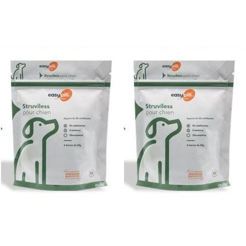 Twee zakjes Osalia Easypill® Struviless pour Chien. Opschrift: Struviless pour chien, easy pill. Groene en witte verpakking.