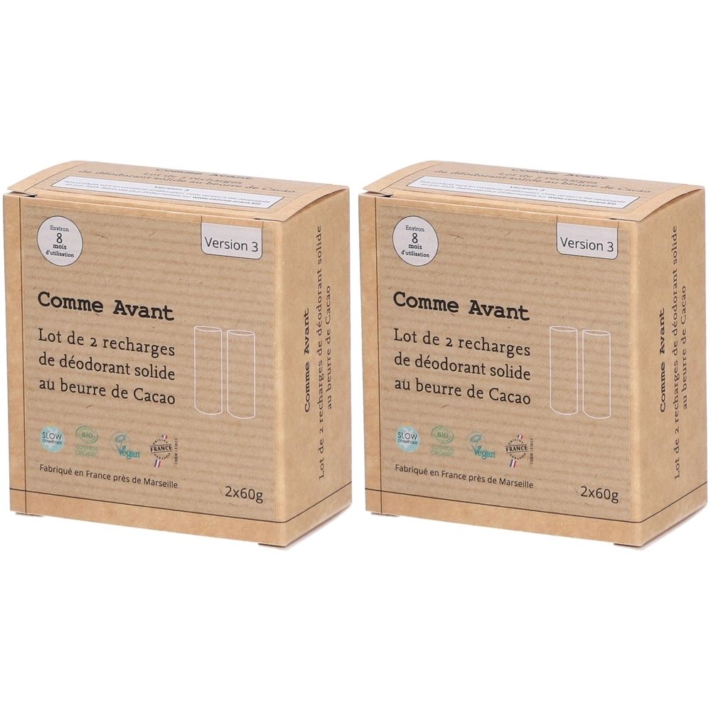 Twee kartonnen dozen met de tekst "Comme Avant", "Lot de a recharges de déodorant solide au beurre de Cacao". Versie 3. 2x60g.