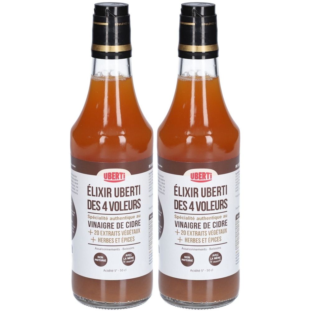 Twee flessen "Élixir Uberti des 4 voleurs", amberkleurige vloeistof, met etiketten.