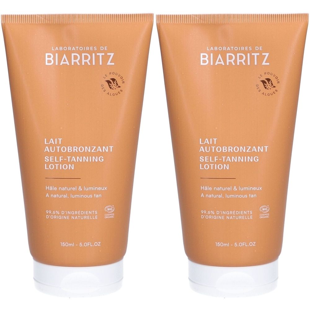 Twee tubes zelfbruinende lotion. Opschrift: Laboratoires de Biarritz, Lait Autobronzant, Self-Tanning Lotion.