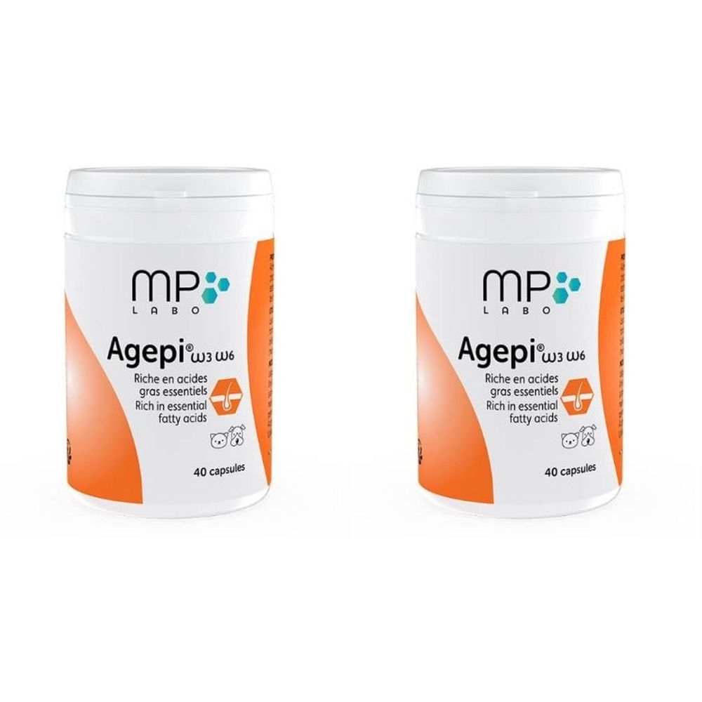 Twee witte potten met oranje band. Opschrift: MP Labo Agepi ω3 ω6, 40 capsules. Bevat essentiële vetzuren.