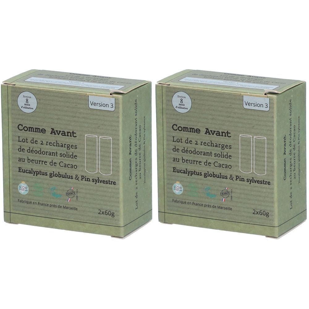 Twee groene dozen. Opschrift: Comme Avant, Lot de 2 recharges de déodorant solide au beurre de Cacao, Eucalyptus globulus & Pin sylvestre. Versie 3.