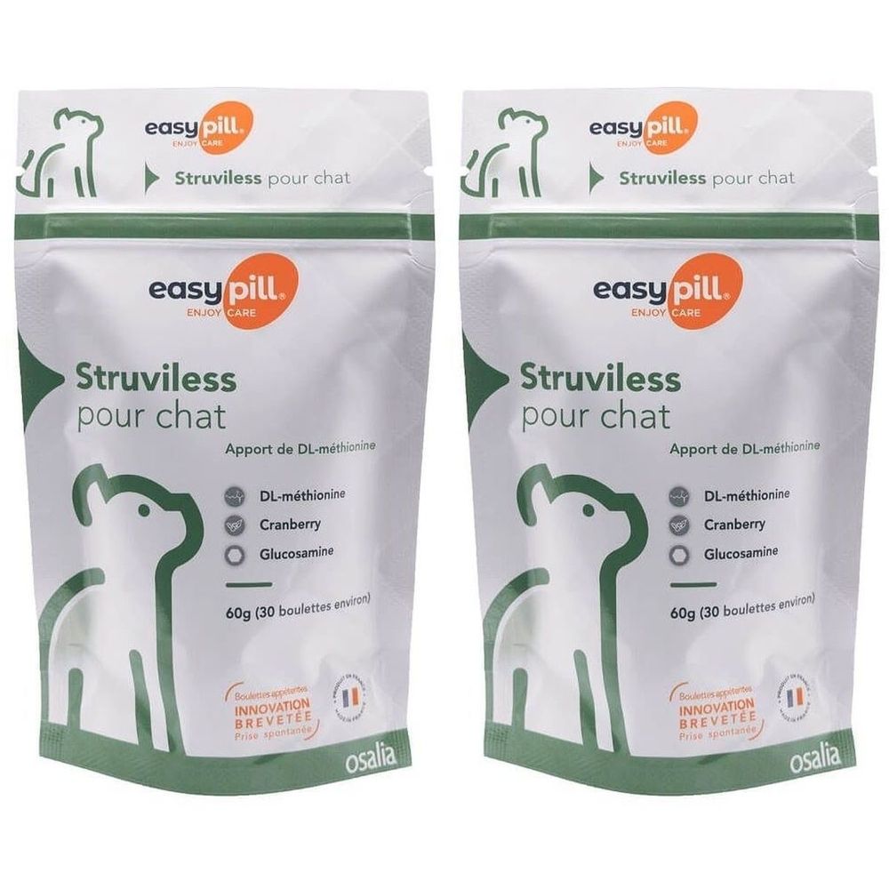 Twee zakjes Osalia Easypill® Struviless pour Chat. Witte zakjes met groene accenten en productinformatie. Zichtbaar: merk, productnaam, ingrediënten.