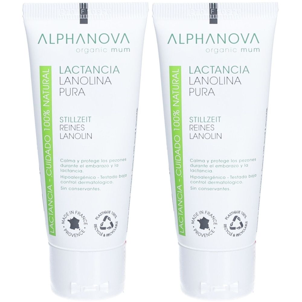 Twee witte tubes. Op elke tube staat: "ALPHANOVA organic mum", "LACTANCIA LANOLINA PURA" en "STILLZEIT REINES LANOLIN".