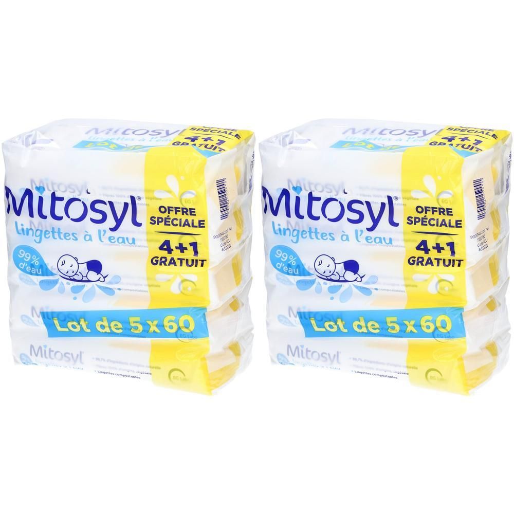 Twee pakken Mitosyl waterdoekjes, speciale aanbieding 4+1 gratis, lot van 5x60.