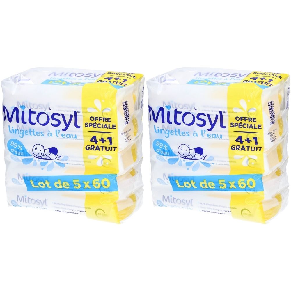 Twee pakken Mitosyl waterdoekjes, speciale aanbieding 4+1 gratis, lot van 5x60.