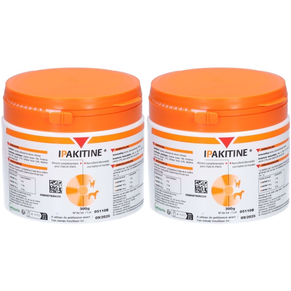 Deux boîtes avec couvercles orange. Étiquettes avec "IPAKITINE" et informations pour chiens. Chaque boîte contient 300g.