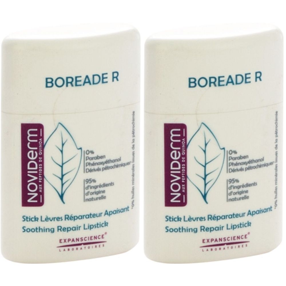 Twee witte lippenstiften. Opschrift: Noviderm, Boréade R, Stick Lèvres Réparateur Apaisant. Bladlogo en ingrediënteninformatie.
