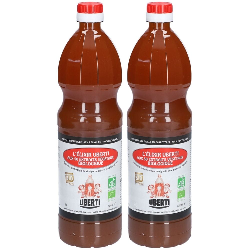 Twee flessen Uberti Elixir aux 50 extraits végétaux biologique met rode doppen.