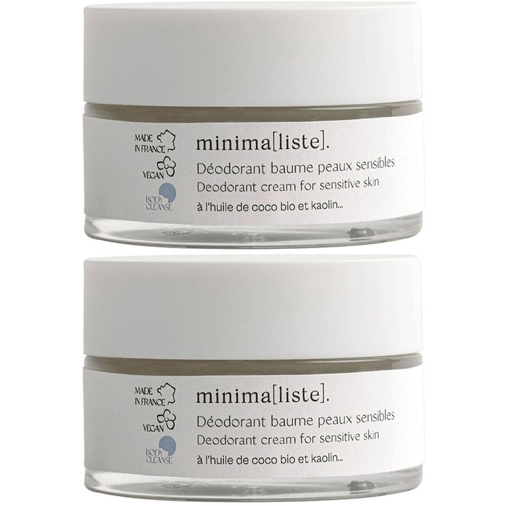 Twee potjes deodorantbalsem voor de gevoelige huid. Witte deksels, transparante potjes. Tekst: minima[liste], Vegan-logo, Made in France.