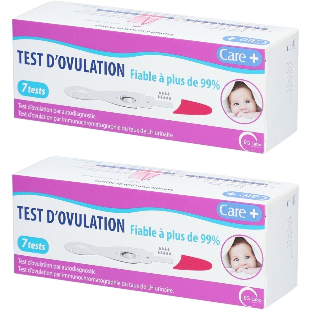 Twee dozen CARE+ ovulatietests. Opschrift: TEST D'OVULATION, 7 tests, Fiable à plus de 99%. Afbeelding van een baby.