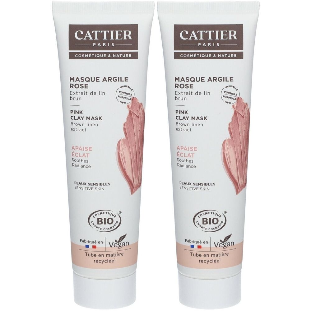 Deux tubes de masque facial. Inscription: CATTIER PARIS, Masque Argile Rose, certification Bio, Vegan.