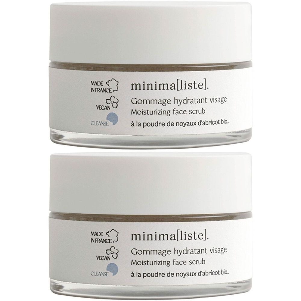 Twee potjes met witte deksels en transparant glas. Opschrift: minima[liste]. Gommage hydratant visage, vegan, Made in France.