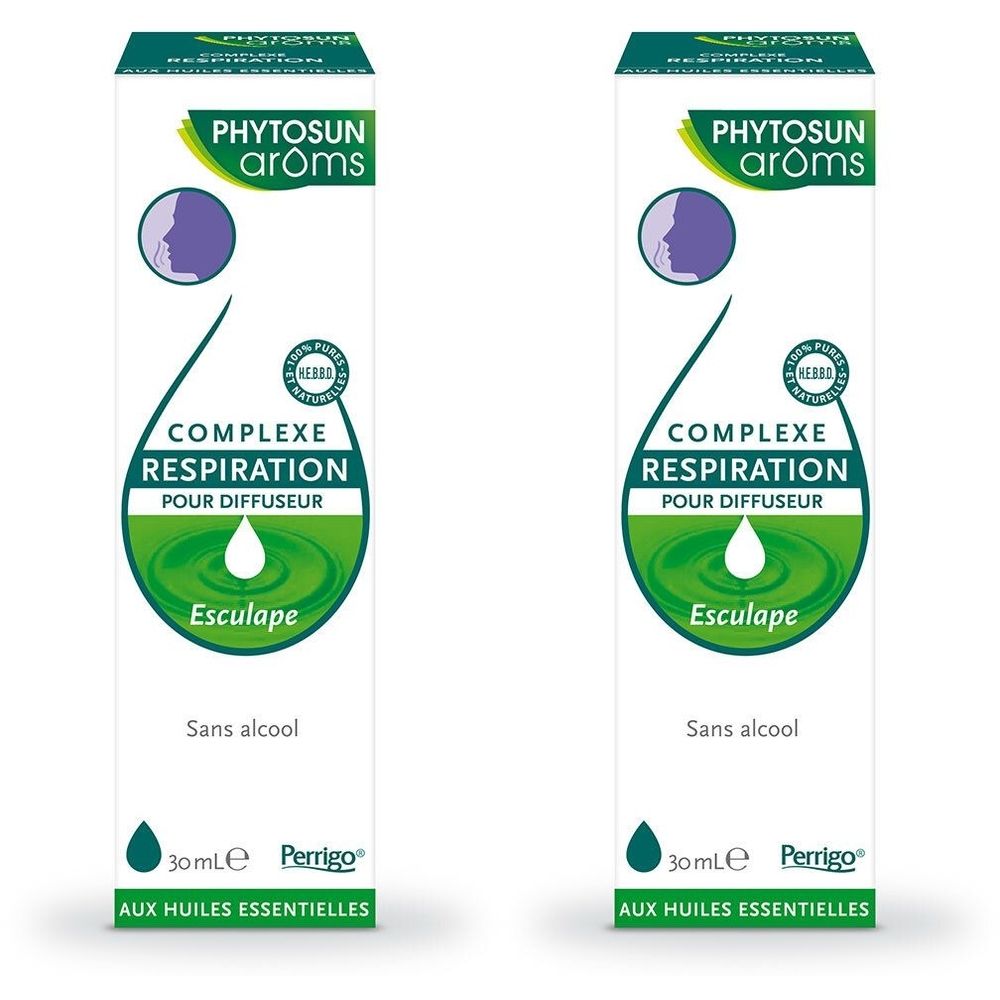 Twee witte dozen. Opschrift: PHYTOSUN arôms, COMPLEXE RESPIRATION, POUR DIFFUSEUR, Esculape, Sans alcool, 30ml, Perrigo, AUX HUILES ESSENTIELLES.