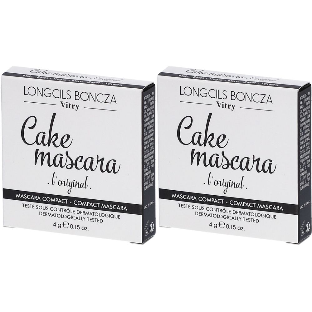 Twee vierkante dozen mascara. Opschrift: Cake mascara l'original. Merk: Vitry. Dermatologisch getest. Inhoud: 4 g.