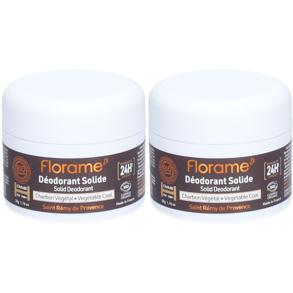 Twee witte potten met bruine etiketten. De etiketten tonen "Florame Déodorant Solide" en "Charbon Végétal". 