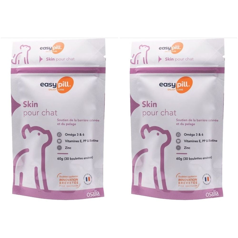 Twee zakjes product voor de huid van katten. Opschrift: easy pill, Skin pour chat. Bevat Omega 3&6, Vitamines E, PP & Zink.