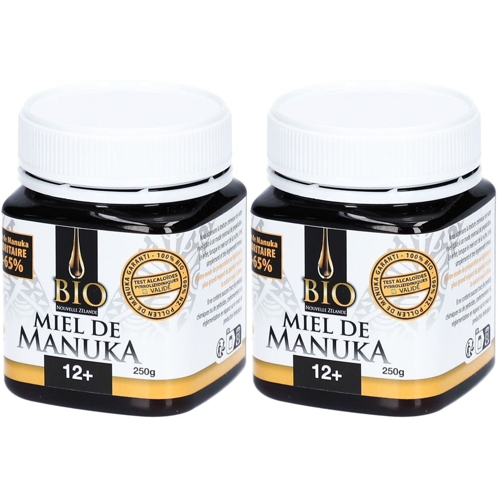 Twee potten Bio Manuka Honing 12+ van elk 250g.