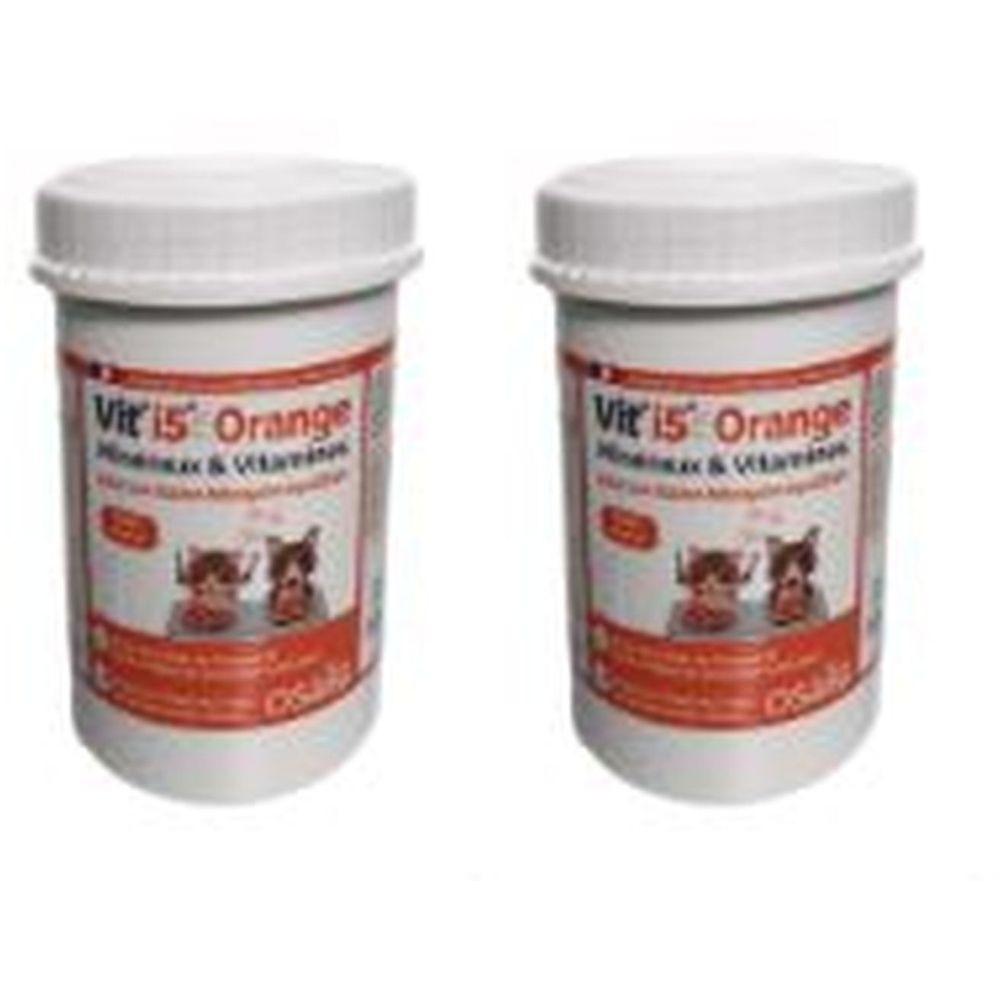 Twee witte potten met deksels. Op de etiketten staat "Vit'i5 Orange".