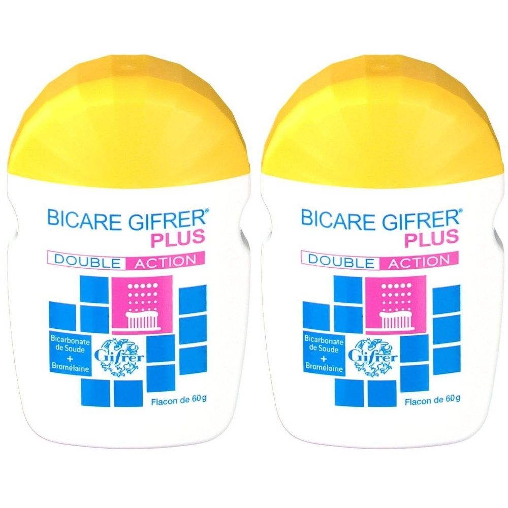 Deux flacons blancs avec couvercle jaune. Inscription: Bicare Gifrer Plus Double Action. Contient Bicarbonate de Soude + Bromélaïne. Flacon de 60g.