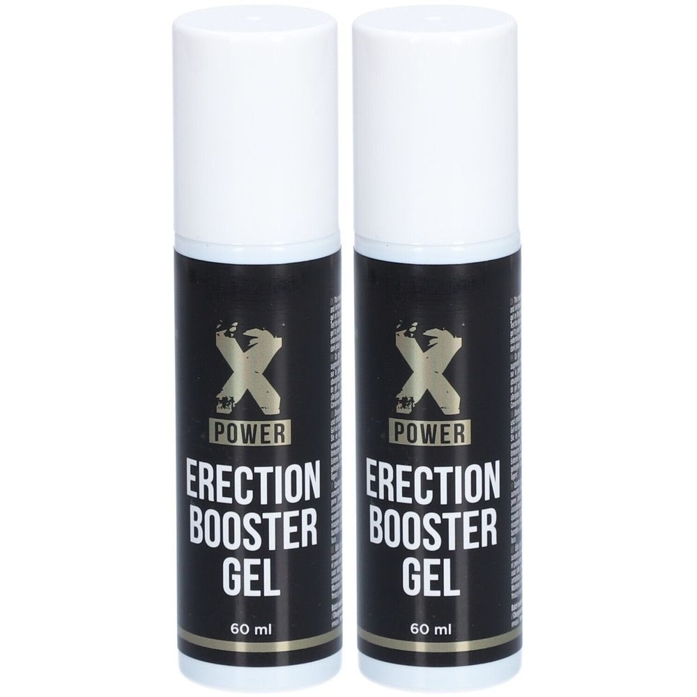 Twee flacons met witte doppen en zwarte etiketten. Opschrift: X Power Erection Booster Gel. Inhoud: 60 ml.
