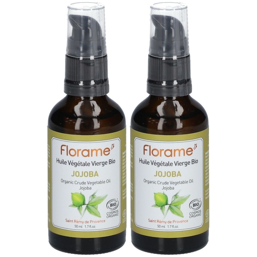 Deux flacons en verre brun avec pompe noire. Étiquettes : "Florame Huile Végétale Vierge Bio Jojoba". Certificat bio.