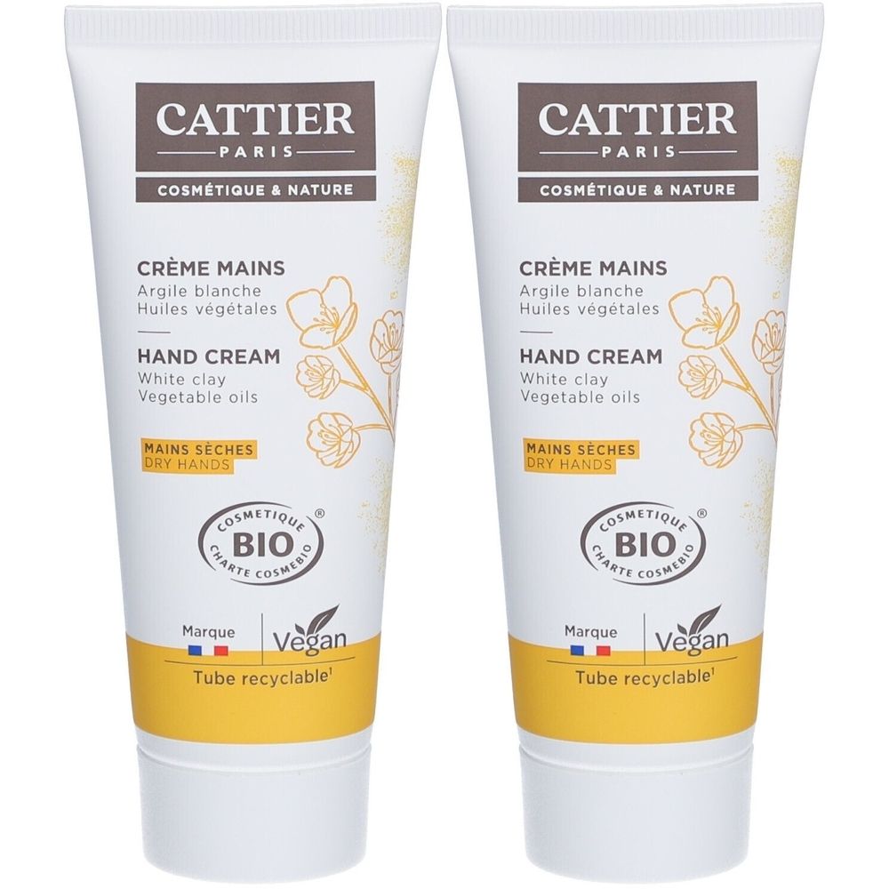 Deux tubes de crème pour les mains. Inscription: Cattier Paris, Crème Mains, Argile blanche, Hand Cream, certification Bio, Vegan.