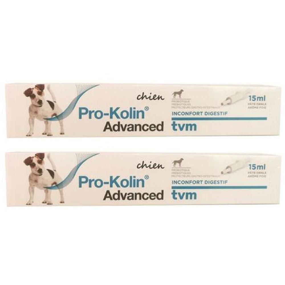 Twee tubes Pro-Kolin Advanced Chien. Witte verpakking met productnaam, hond en 15ml. Tekst: Inconfort digestif.