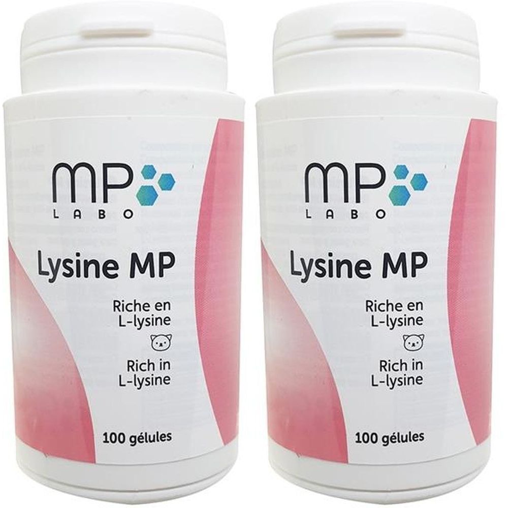Twee witte flessen met de tekst "MP LABO Lysine MP". Opschrift "Riche en L-lysine" en "100 gélules".