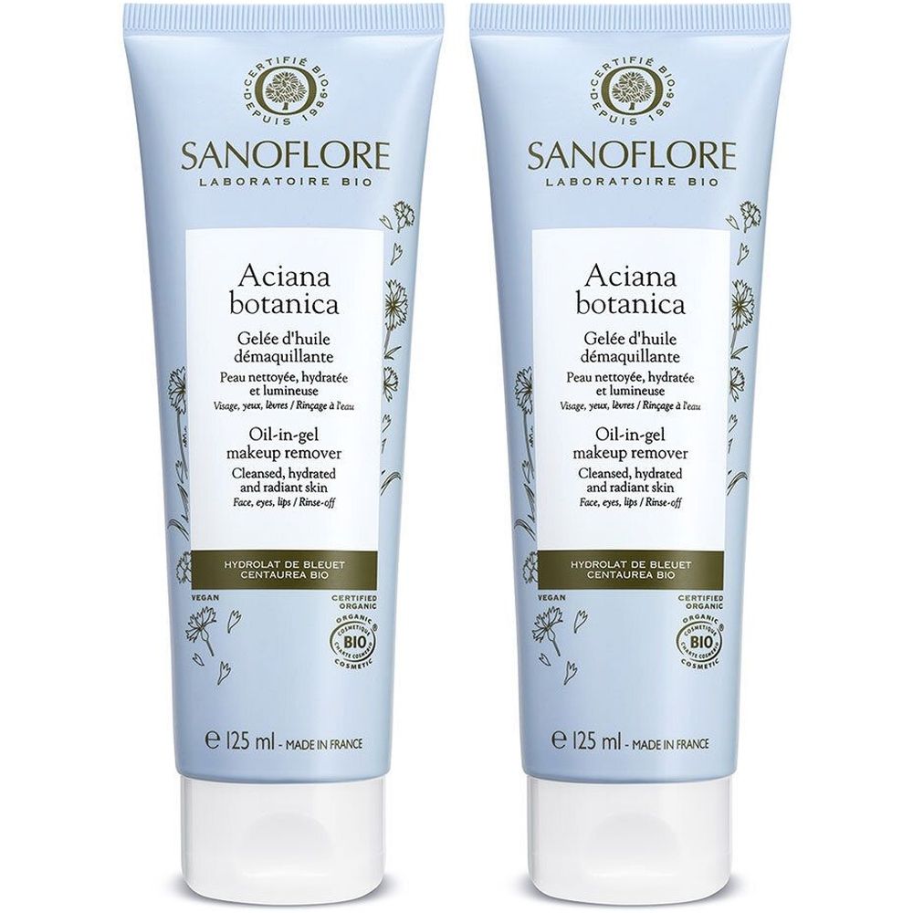 Deux tubes de SANOFLORE Aciana botanica Gelée d'huile démaquillante. Tubes bleu clair, bouchon blanc. Certifié bio.