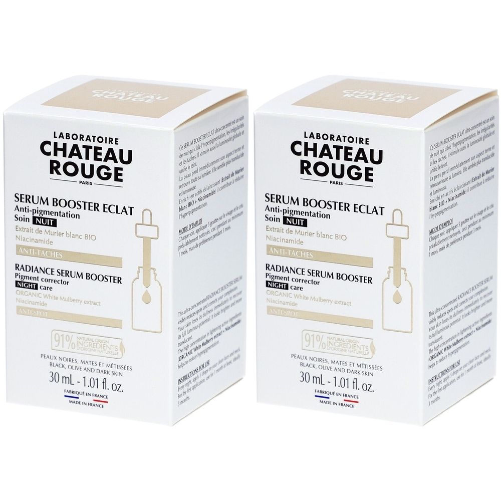 Twee vierkante dozen met productinformatie. Opschrift: LABORATOIRE CHATEAU ROUGE, SERUM BOOSTER ECLAT, Anti-pigmentatie. Met pipet-symbool.
