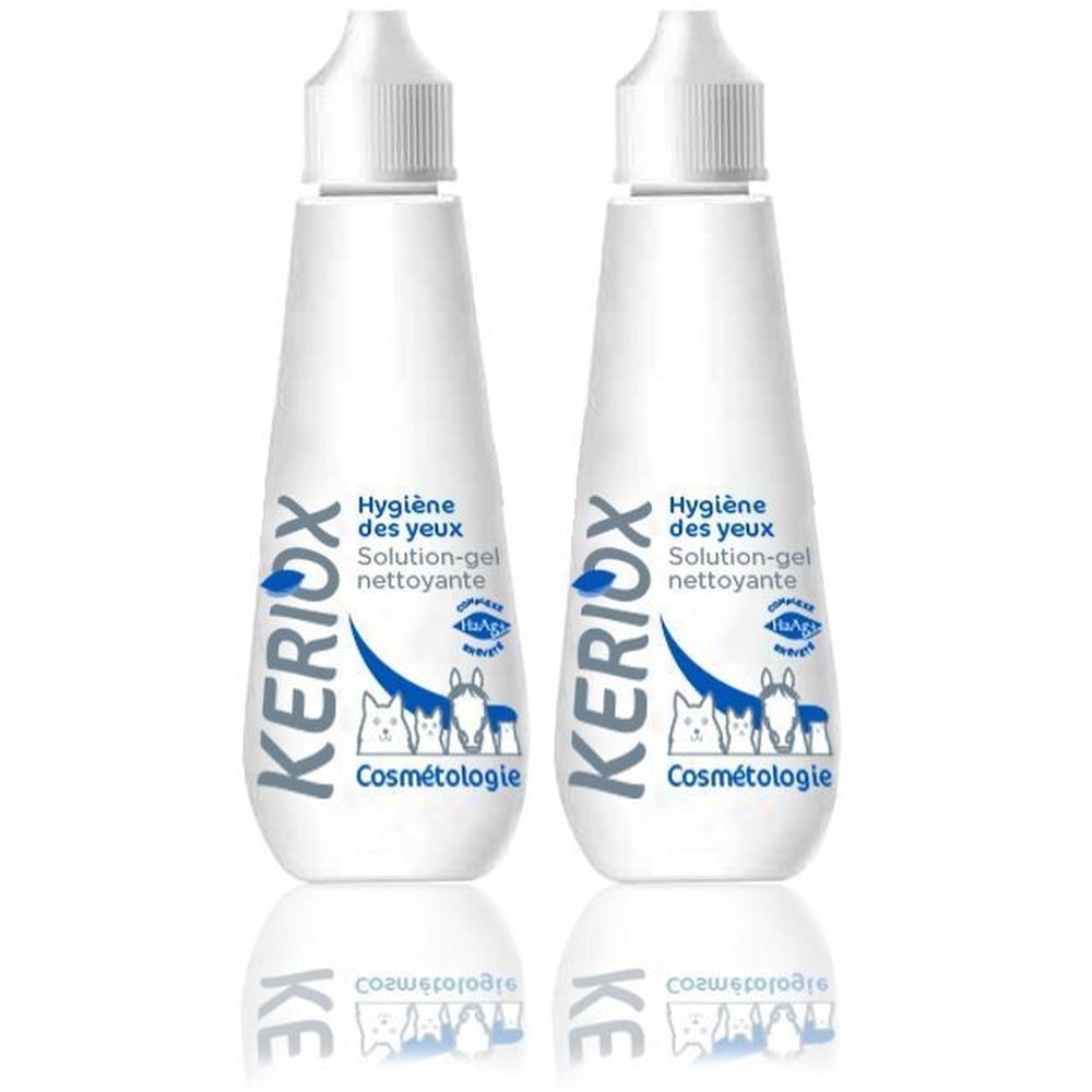 Twee witte flessen met druppeldop. Opschrift: KERIOX, Hygiène des yeux, Solution-gel nettoyante, Cosmétologie.