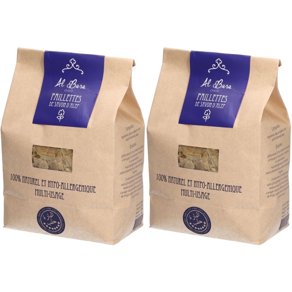 Deux sachets de paillettes de savon. Étiquette bleue avec "Al Bara" et "PAILLETTES DE SAVON D'ALEP". Inscription : "100% naturel et hypo-allergénique multi-usage".